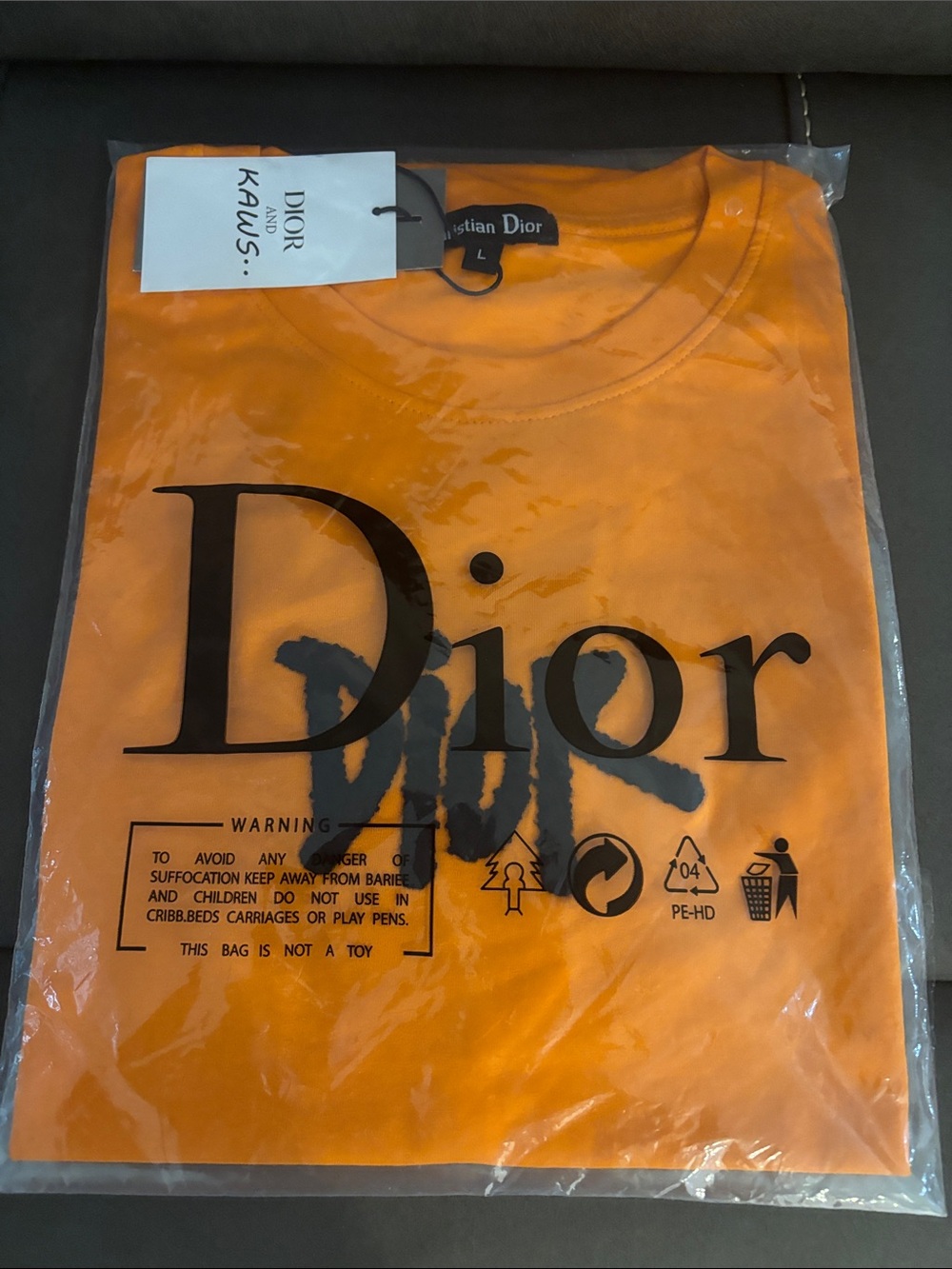 Dior Orange Short-Sleeve Logo Tee with Black Print